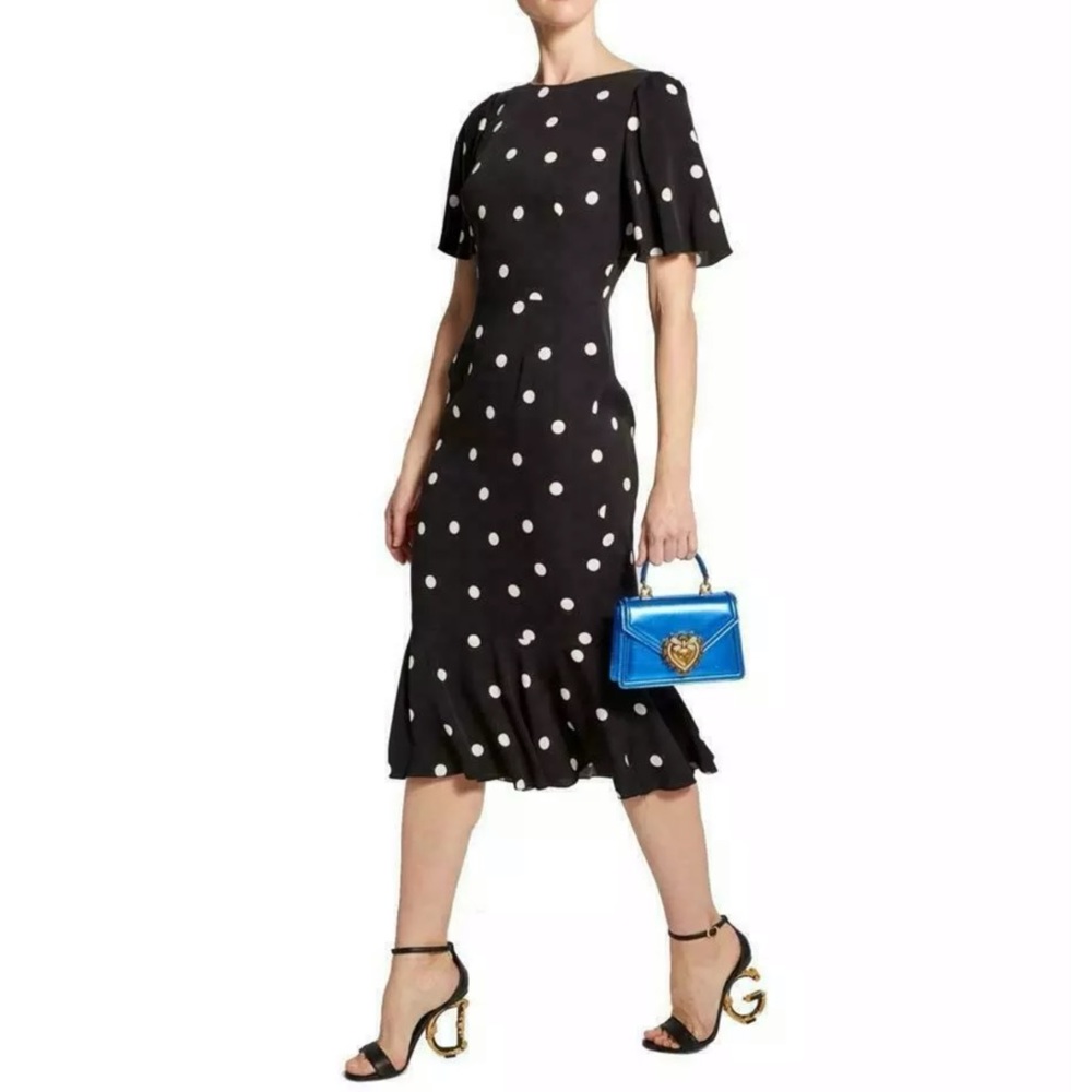 DOLCE & GABBANA Polka Dot Silk Fluted Dress 48 12 - Picture 8 of 13